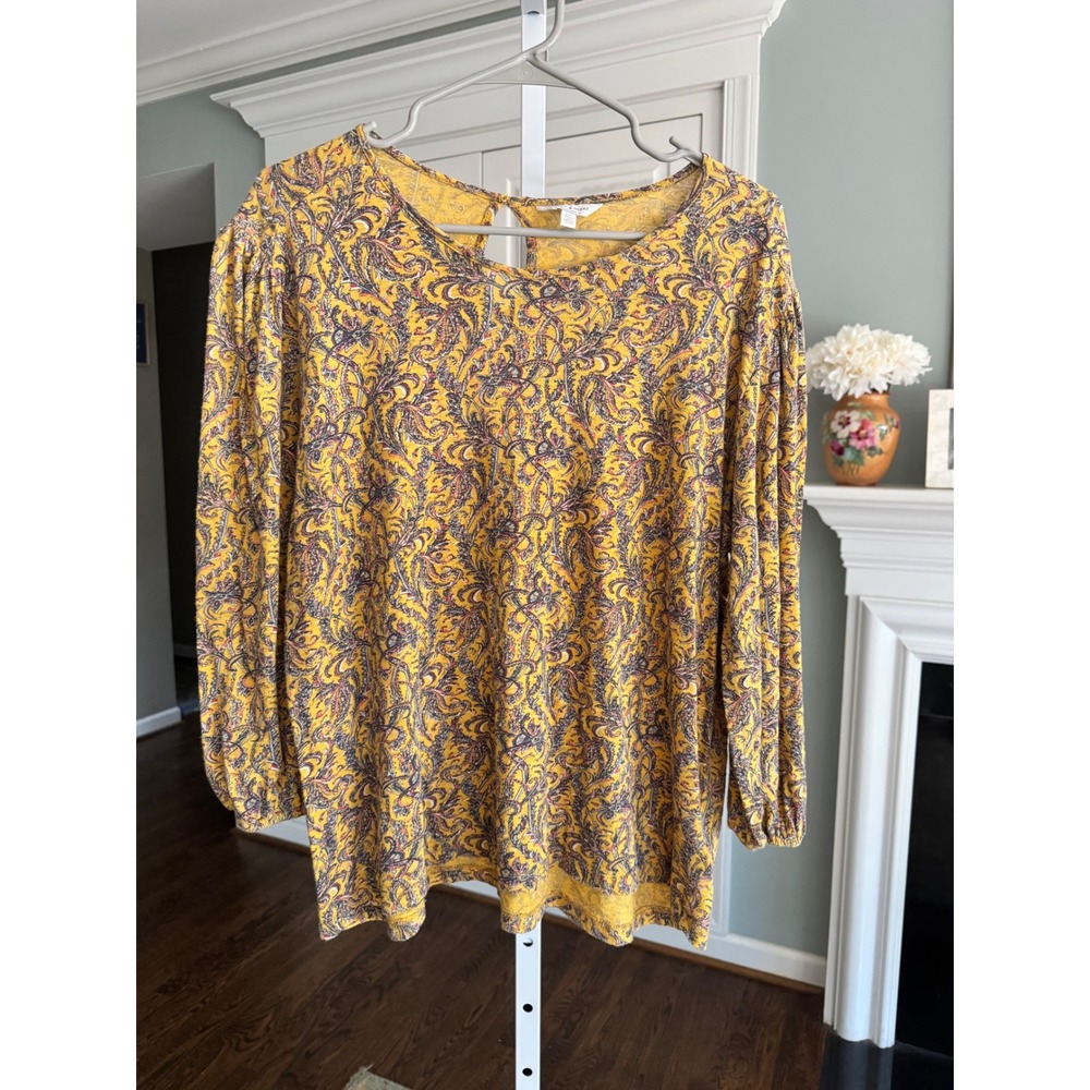 Lucky Brand Womens Yellow Paisley Print Long Sleeve Cotton Modal‎ Knit Top Large